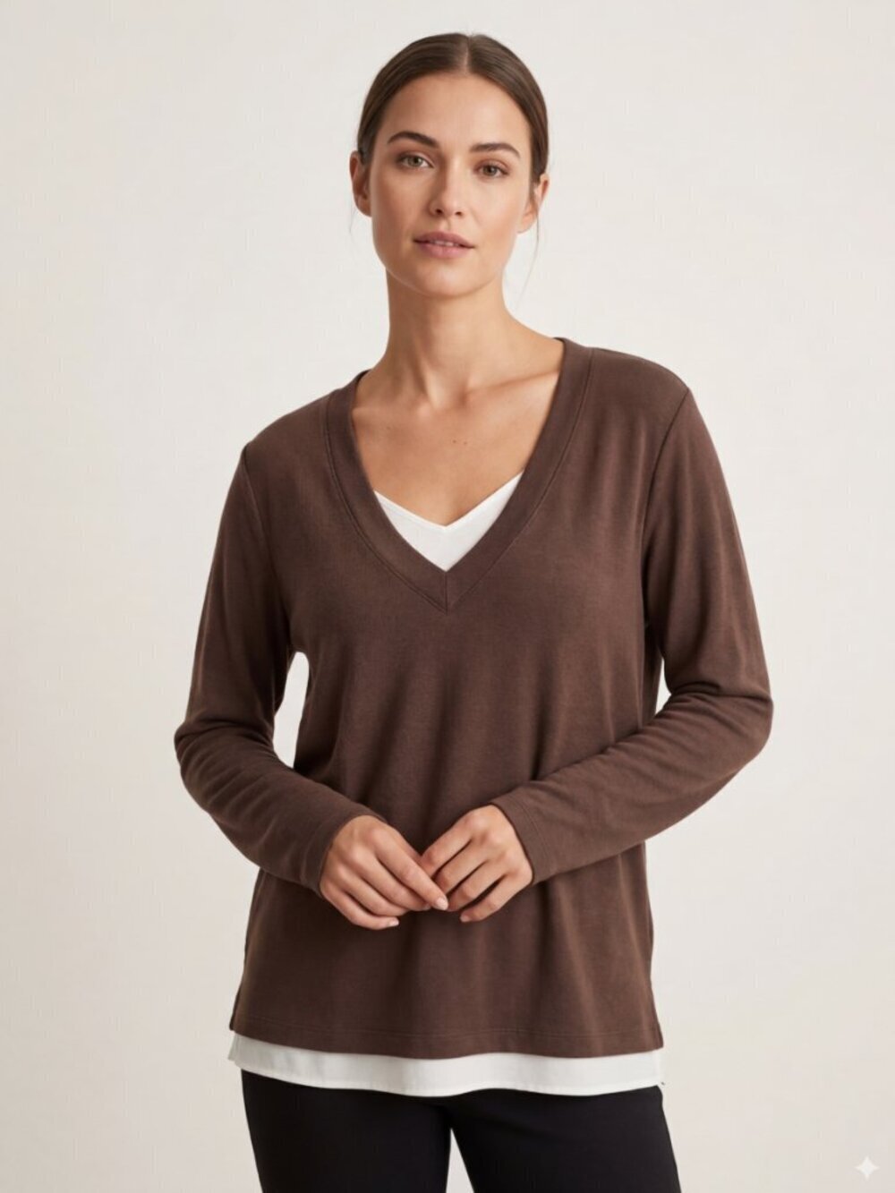 Chico's Size 2/12-14 (L) Brown White Long Sleeve Layered V-Neck Knit Tunic Top